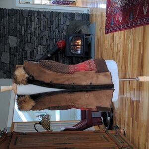 Up Country Du Mond Faux Shearling Vest Fur Hood Toggle Brown Medium Boho Rustic